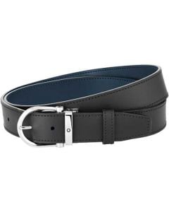 This is the Montblanc Stainless Steel Horseshoe Reversible Black/Blue Pin Buckle Casual Line Belt.