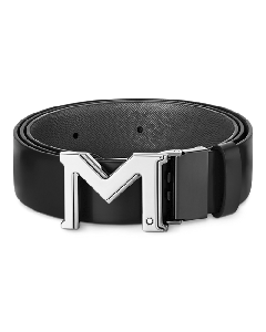 Montblanc's 'M' Pin Buckle Reversible Black Leather Belt has plain leather and saffiano on the reverse. 