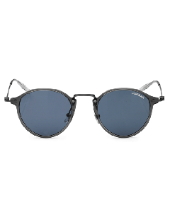 Montblanc's Round Grey Frame Sunglasses with Blue Lenses come in a leather case. 