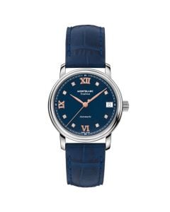 This Calf Leather Blue Automatic Date Tradition Watch is designed by Montblanc. 