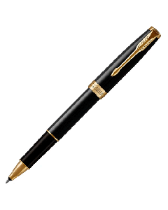 The Parker, Sonnet Glossy Black Lacquer Rollerball Pen with Fine Gold Trim. Engraved with the Parker signature of authenticity and the striking arrow secure clip of the brand.