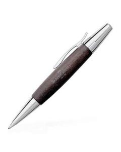 Faber-Castell, E-Motion, Pear Wood & Chrome Plated Metal Ballpoint Pen with Brand Engraving and subtle indented broken pattern around the nib and top.