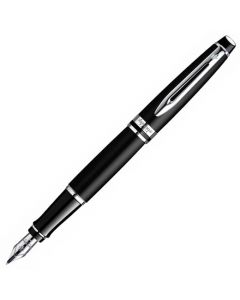 The Waterman, EXPERT Matte Black Lacquer Fountain Pen with Polished Chrome Trim. The Fountain Pen echoes the shape of a fine cigar, emulating the finest materials used. 