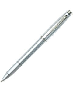 The Sheaffer 100 series rollerball pen in brushed chrome features the signature Sheaffer cut-out clip with a white dot.