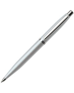 The strobe silver VFM ballpoint pen with nickel-plated fittings uses a simple push-button mechanism to release its nib.