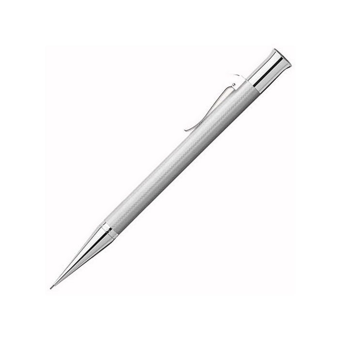 The Graf von Faber-Castell, Rhodium-Plated Guilloche Propelling Pencil features a hidden eraser, a spring-loaded storage clip, polished trim, and an intricately engraved barrel.
