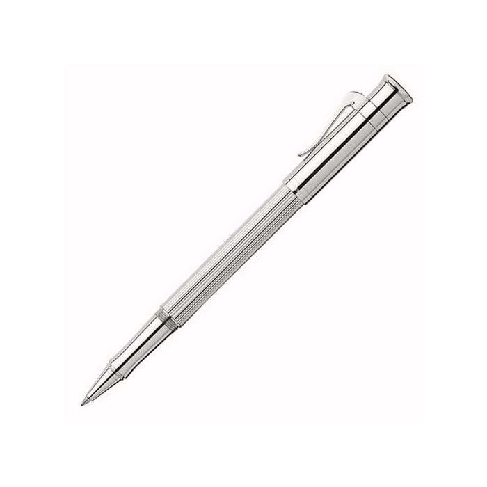 The Graf von Faber-Castell Classic Platinum-Plated Rollerball Pen features a fully polished shine, ridged design, spring-loaded storage clip and screw fit cap