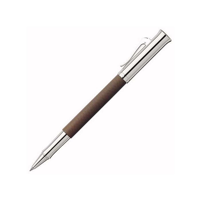 The Graf von Faber-Castell, Cognac Precious Resin Guilloche Rollerball Pen features an intricately engraved barrel, trimmed with plated metal and polished to a high shine, complete with brand engraving and a spring-loaded storage clip