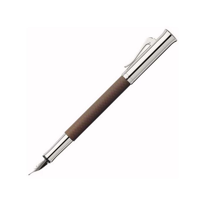The Graf von Faber-Castell, Cognac Precious Resin Guilloche Fountain Pen features a silver nib, polished trim and intricately finished design along a sleek barrel and finished with a sturdy storage clip.