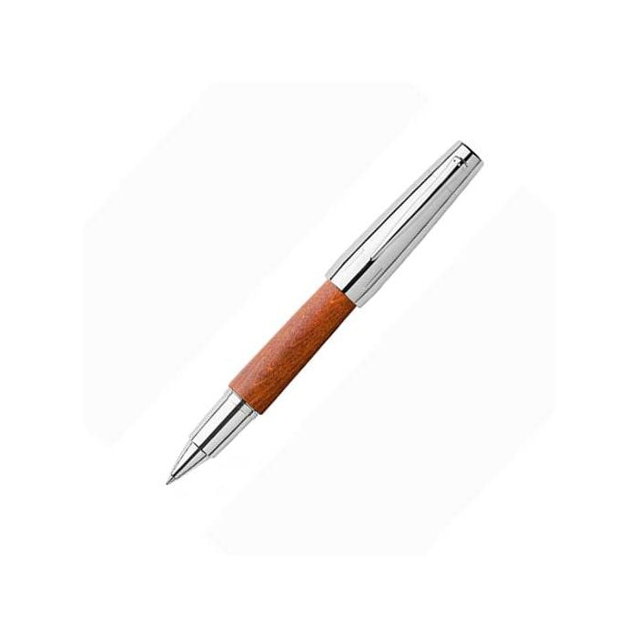 The Faber-Castell, E-Motion, Pearwood Light Rollerball Pen features a stunning smooth wood barrel trimmed with polished steel.