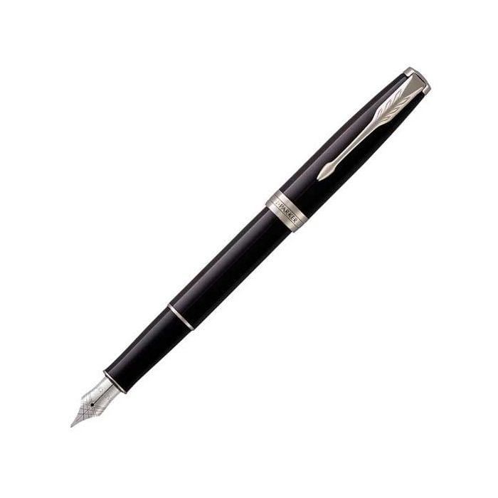 The Parker, Sonnet Black Lacquer Fountain Pen with Chrome Plated Trim. Featuring a slender glossy black lacquer body, smooth in hand and comfortable to hold. Ideal for everyday use in the office.