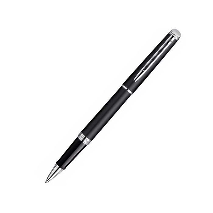 Waterman, HÉMISPHÈRE, Matt Black & Chrome Trim Rollerball Pen. An easy to remove cap can conveniently be placed on the back of the pen when in use. Perfectly finished smooth black lacquer body with finely polished chrome to offset the jet exterior.