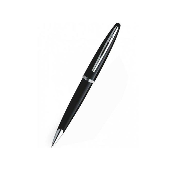 Waterman, CARÈNE Glossy Black Lacquer & Polished Chrome Trim Ballpoint Pen features a brand signature engraving for authenticity across the cap and embossed upon the spring-loaded cap. A chrome plated steel nib encases the ballpoint cartridge, surrounded 