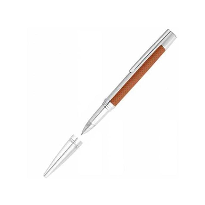 S.T. Dupont Paris, Défi, Brown Leather, Rollerball Pen with pointed cap signed by the brand and engraved nib for authenticity. A secure storage clip is located on the barrel of the Rollerball. Polished Palladium shell with soft leather inlay for a unique 