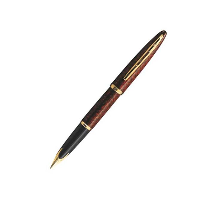 The Waterma, Carene Amber Lacquer with Gold Trim Fountain Pen. With an easy to remove cap, twist cartridge exchange mechanism and signature engraving upon the 23Karat gold trimmings.