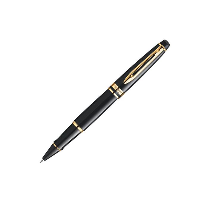 Waterman, Expert Black with Gold Trim Rollerball with a fine cartridge. Perfectly polished to a high shine across the entire surface. The Waterman signature has been engraved onto the end of the cap for authenticity. The loop detail pointed secure clip is