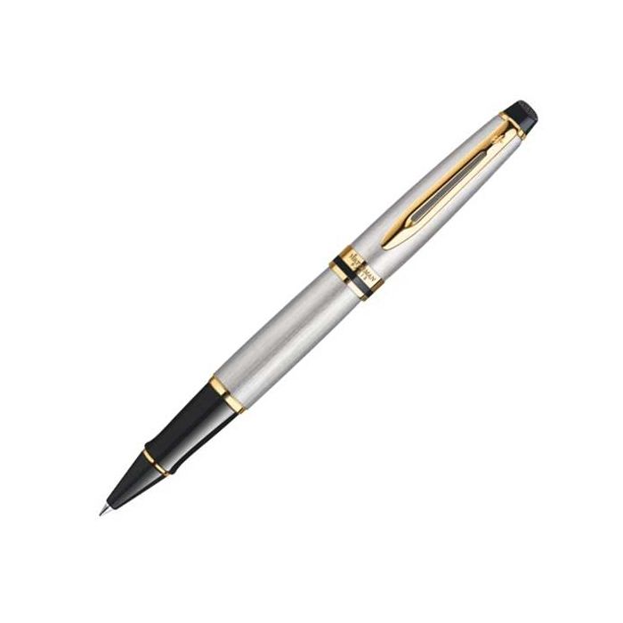 Waterman, Expert, Stainless Steel with Gold Trim Rollerball. Brushed Stainless steel body with 23Karat gold features for subtle elegance. Smooth hold and comfortable grip when writing.