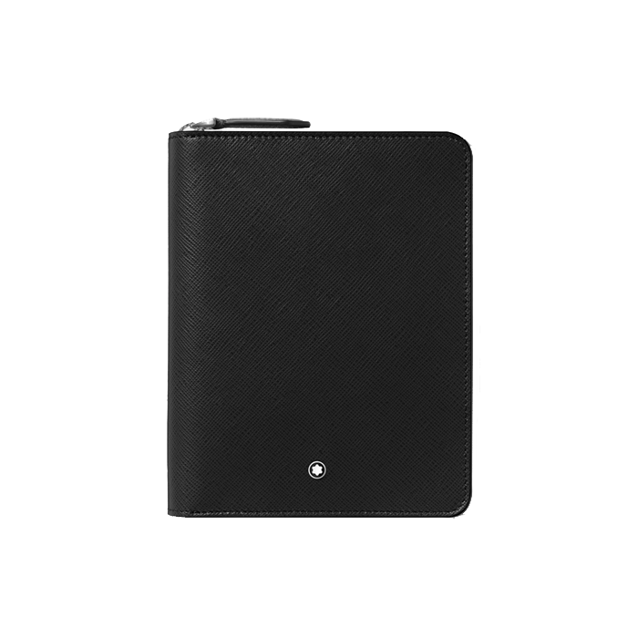 Montblanc's Sartorial 5 Pen Pouch, Black Saffiano Leather with a zip around closure.