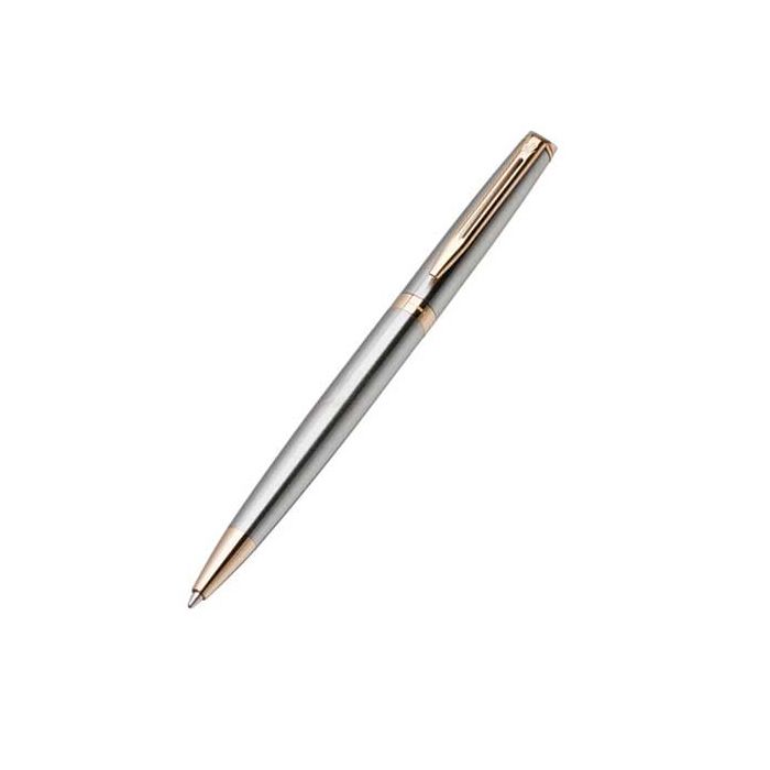 Waterman, Hemisphere Stainless Steel & 23k Gold Trim Ballpoint Pen with a delicate brushed steel body in a cool silver tone.