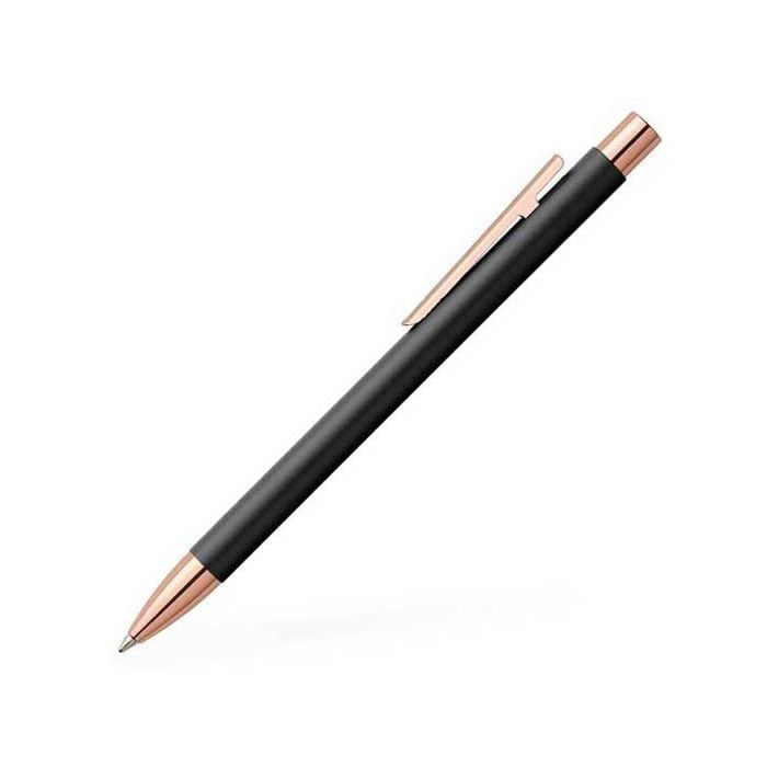 Faber-Castell, Neo Slim, Matte Black Lacquer & Rose Gold Detail Ballpoint Pen with brand embossed signature and secure clip.