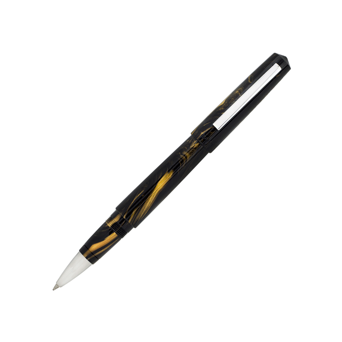 This Infrangible Black Gold Rollerball Pen is by TIBALDI and has a marble liquid style print. 