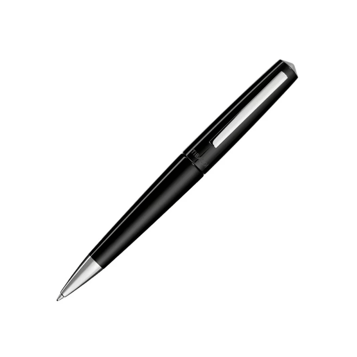 This Tibaldi Infrangible Rich Black Resin Ballpoint Pen is made with black resin and chrome trims. 