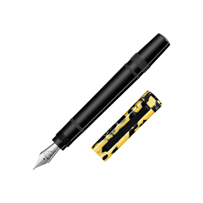This TIBALDI Perfecta Rich Black and LP Vinyl Yellow Fountain Pen has a black barrel with a yellow and black patterned resin cap. 