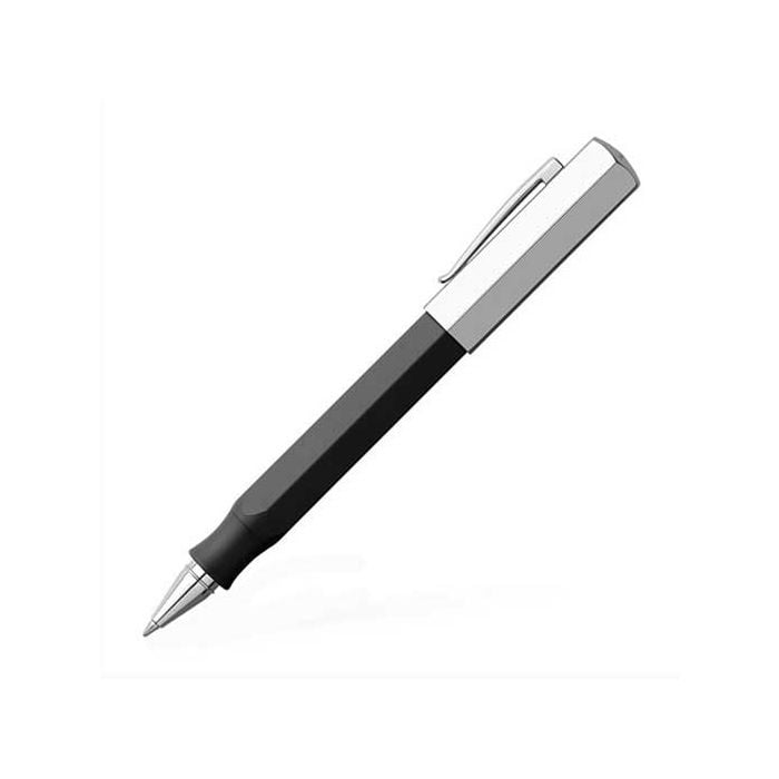 Faber-Castell, Ondoro Graphite, Black precious resin, Rollerball Pen with High Shine Silver Plated Cap & Fittings an indented grip for comfortable use and a polished steel nib. 