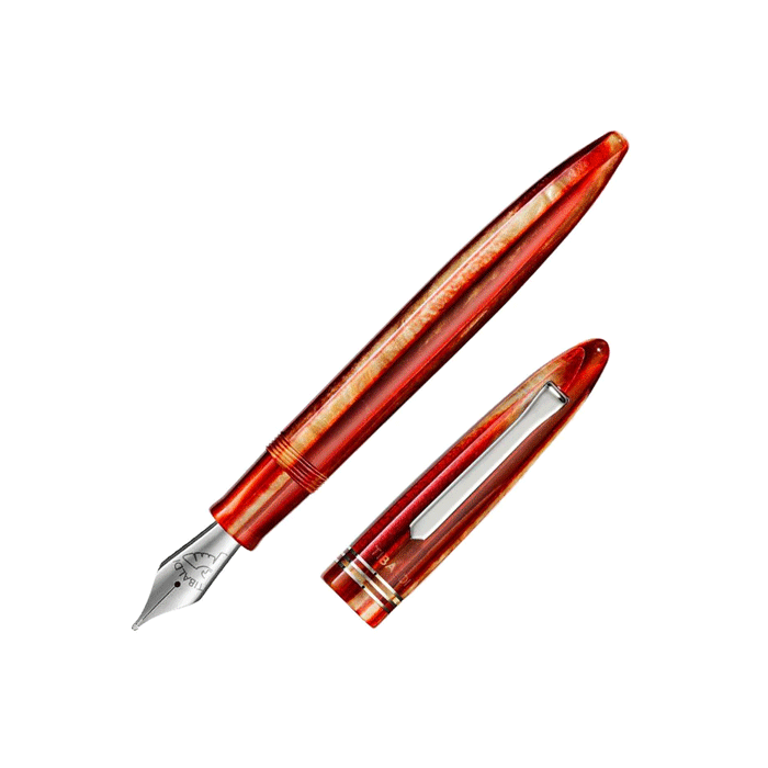 Bononia Seashell Mist Palladium Fountain Pen by TIBALDI with a red and burgundy patterned barrel and cap with chrome trims.