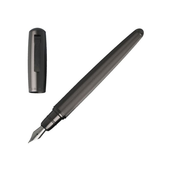 Full view of the Hugo Boss dark grey chrome metal Pure Fountain pen with cap removed.