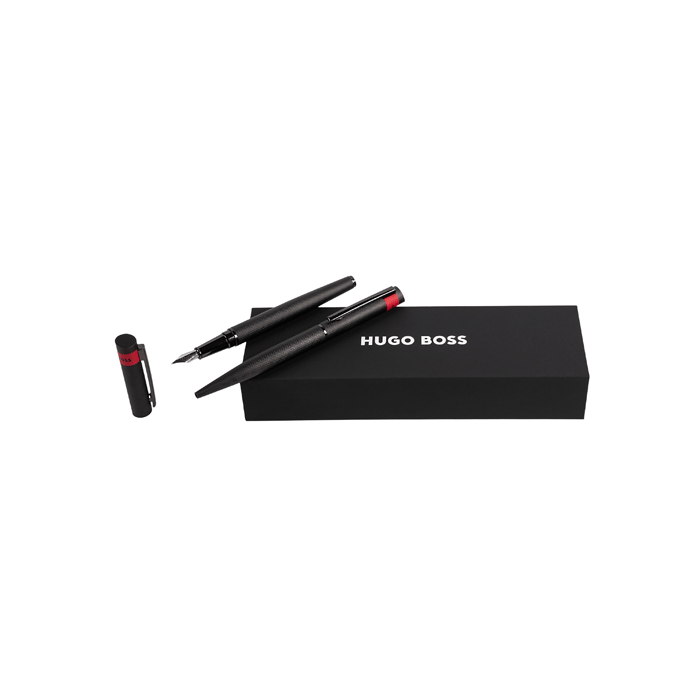 This Hugo Boss Loop Diamond Black Red Fountain & Ballpoint Pen Set comes in a gift box.