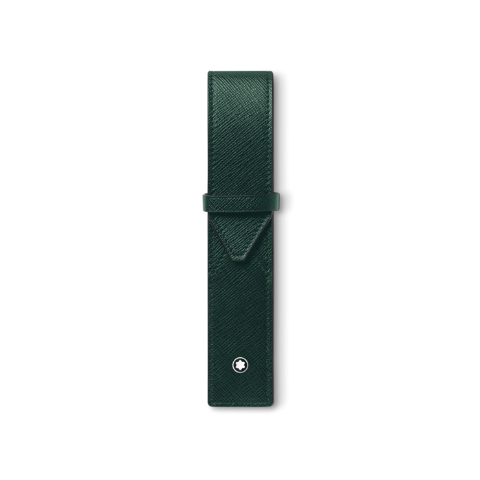 Montblanc's Sartorial Pen Pouch in British Green Saffiano Leather has the snowcap emblem on the front with a palladium-plated ring.