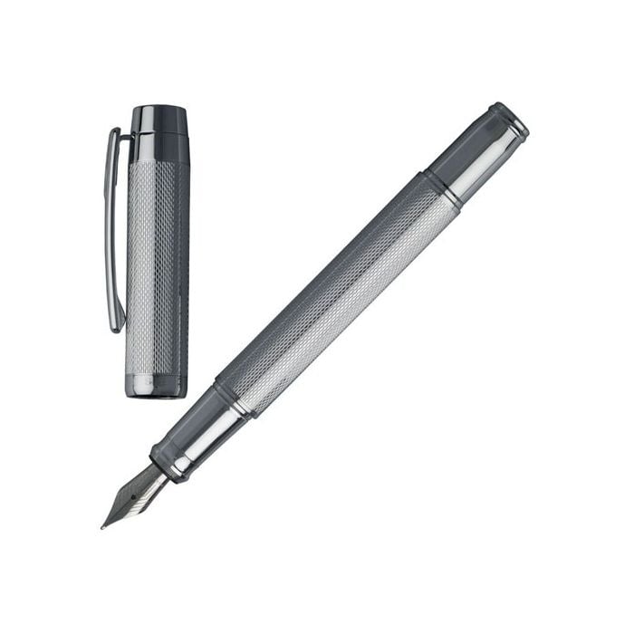 A Full view of the Hugo Boss Bold chrome fountain pen with cap removed.