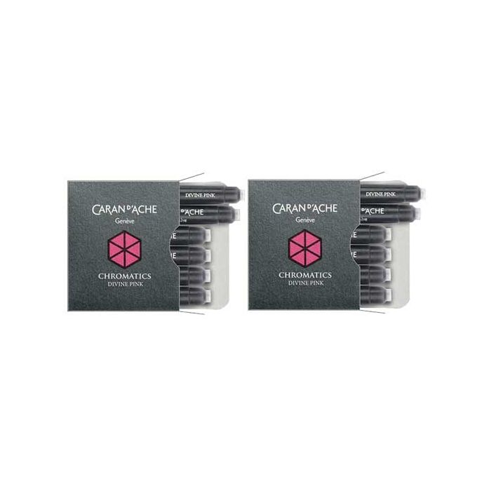 Full view of the Divine Pink small ink cartridge 2 x 6 pack suitable for all Caran d'Ache fountain pens.
