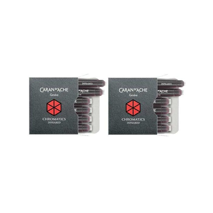 Full view of the Chromatics Collection Infra Red small ink cartridge 2 x 6 pack suitable for all Caran d'Ache fountain pens.