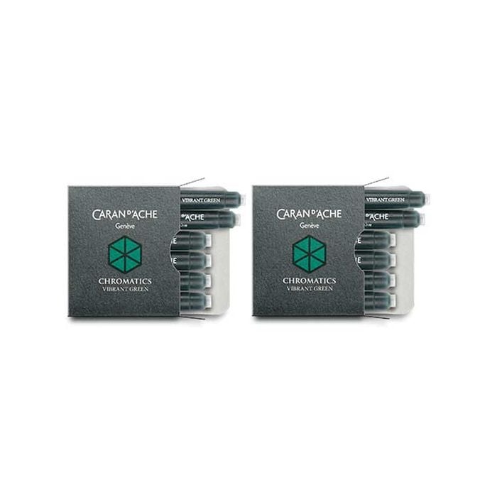 Full view of the Vibrant Green small ink cartridge 2 x pack of 6 pack suitable for all Caran d'Ache fountain pens.