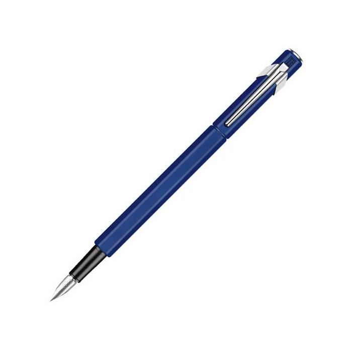 The Caran d'Ache 849 fountain pen in blue is made from aluminium with matte chrome finished trim.