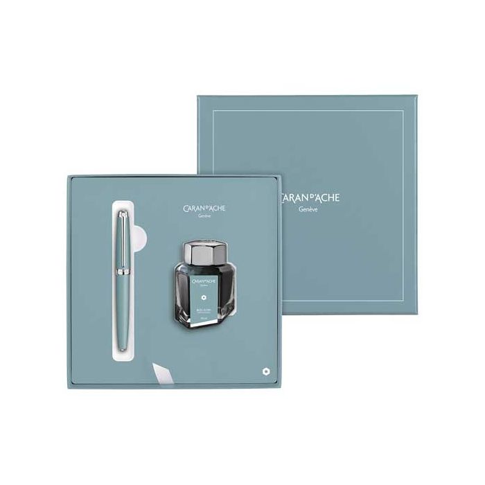 This is the Caran d'Ache Léman Alpine Blue Fountain Pen & Inkwell Gift Set.