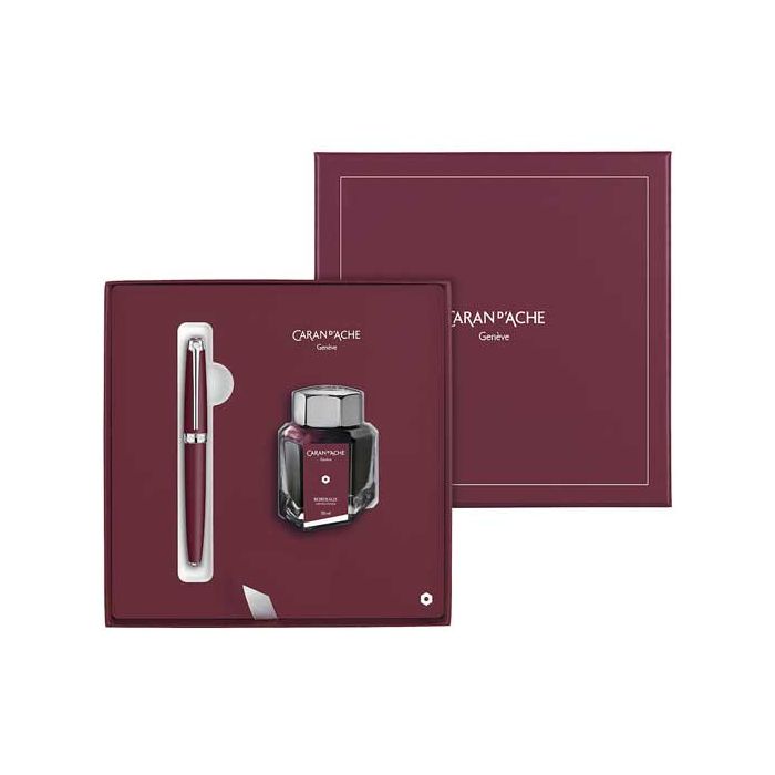 This is the Caran d'Ache Léman Bordeaux Fountain Pen & Inkwell Gift Set.