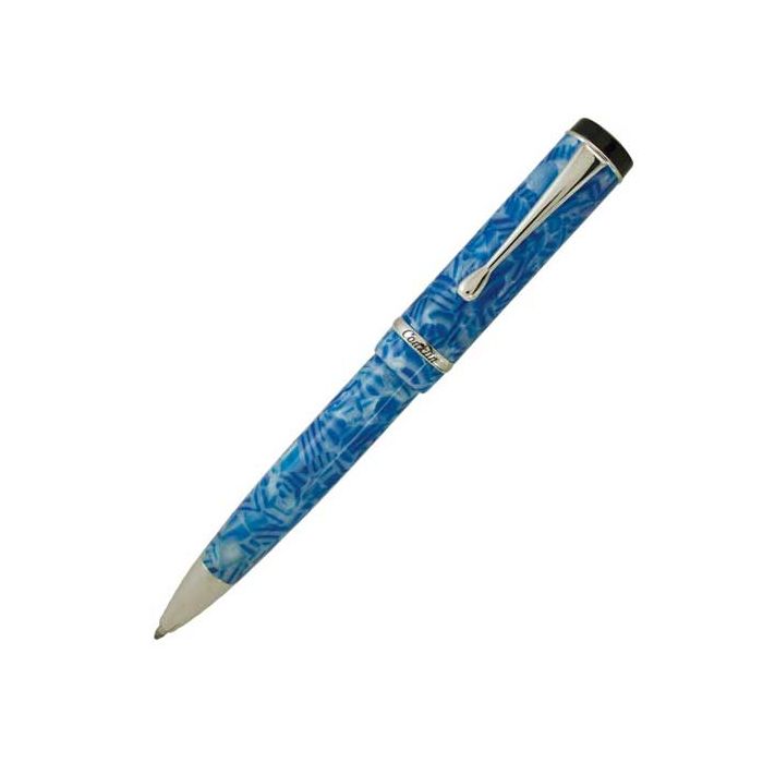 The Conklin, Duragraph, Ice Blue Lacquer with Chrome Trim Ballpoint Pen uses a twist release mechanism. 
