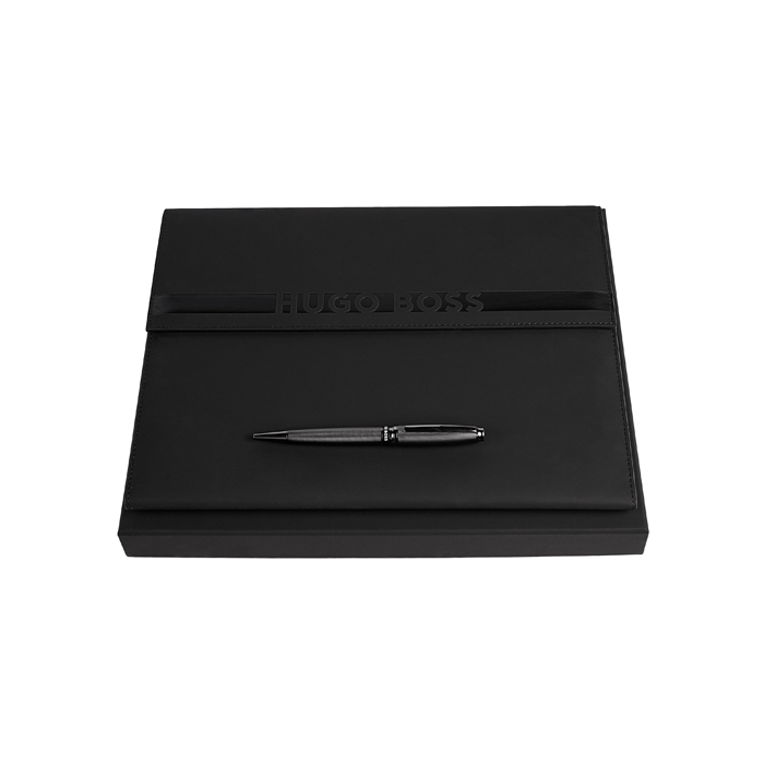 This Cloud A4 Folder and Stream Gunmetal Ballpoint Set by Hugo Boss comes in a presentation box. 