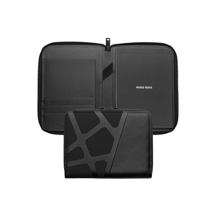 Hugo Boss' Craft A5 Black PU Leather Conference Folder with internal card slots and slip pocket. 