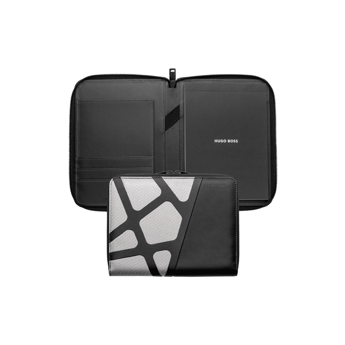 This Hugo Boss Craft Chrome & Black Conference Folder A5 is made with vegan PU leather and nylon. 