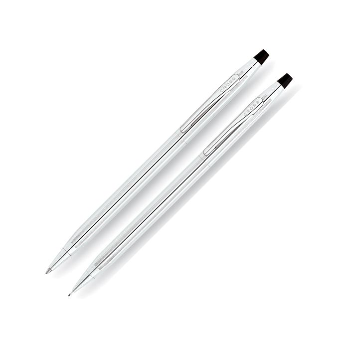 Front view of the Cross Ballpoint Pen and Pencil 0.7mm Set - Classic Century Lustrous Chrome.