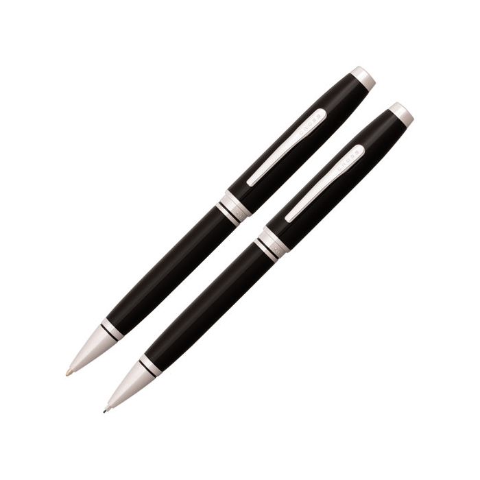 This Coventry Black Lacquer Ballpoint Pen & Pencil Set was designed by Cross. 