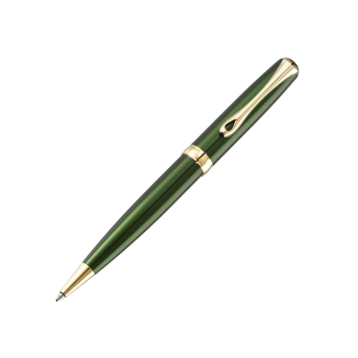 Diplomat's Excellence A2 Evergreen Gold Ballpoint Pen has gold-plated trims and a metallic green barrel. 