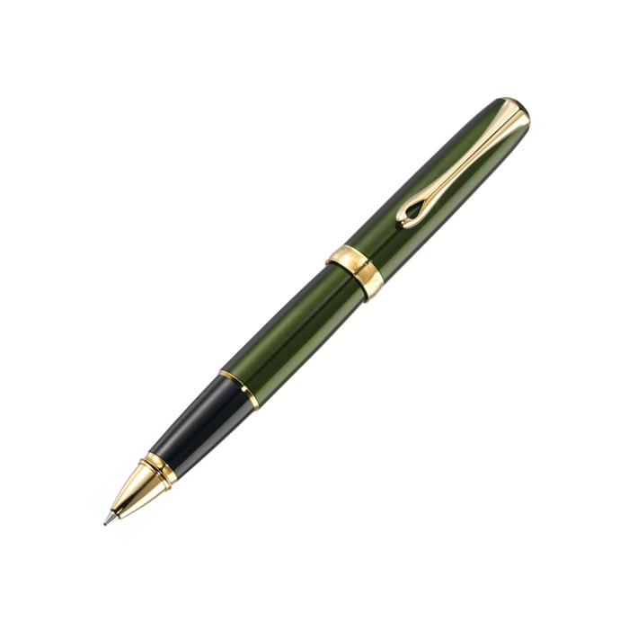 Diplomat's Excellence A2 Evergreen Gold Rollerball Pen has a gold-plated clip and trims. 