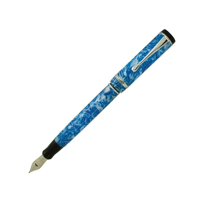 This Duragraph Ice Blue Fountain Pen by Conklin is made out of resin in blue with an eye-catching pattern on the barrel and cap.