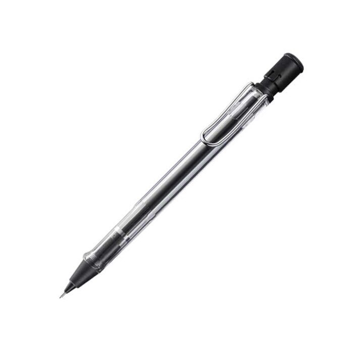 Transparent mechanical pencil with metal clip and eraser underneath button.