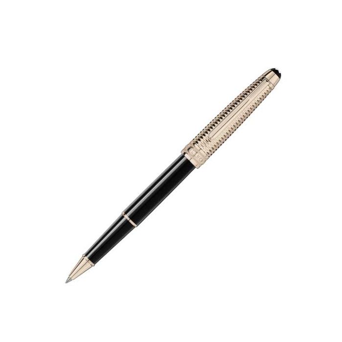 Meisterstück Doué Classique Gold-Coated Rollerball Pen with geometrically inlaid pattern.